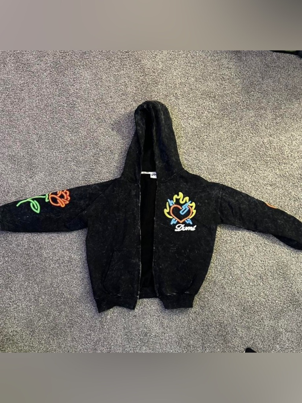 Youth Black Hooded Zip Jacket with Colorful Heart & Flame Embroidery